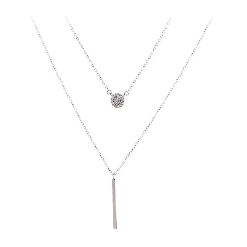 Modern 925 Sterling Silver Pavé Disc Bar Necklace - Silver