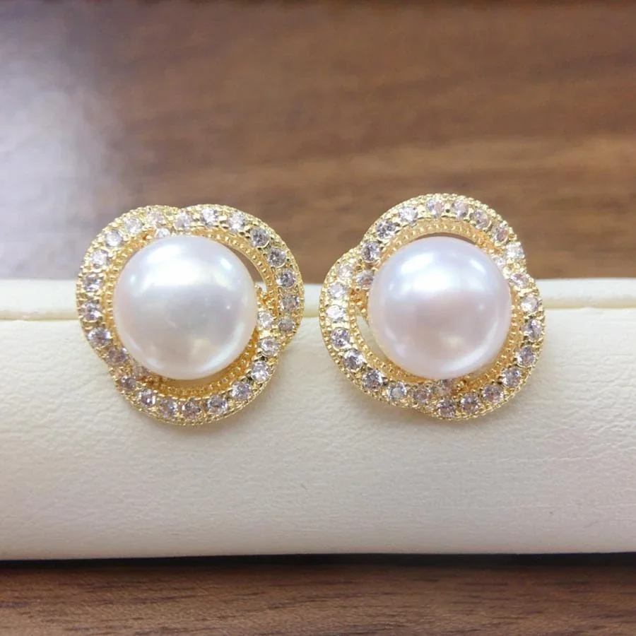 Lustrous Pavé Swirl Freshwater Pearl Stud Earrings