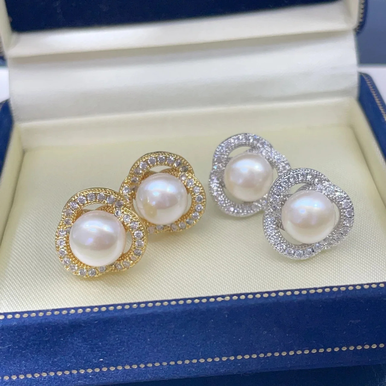Lustrous Pavé Swirl Freshwater Pearl Stud Earrings