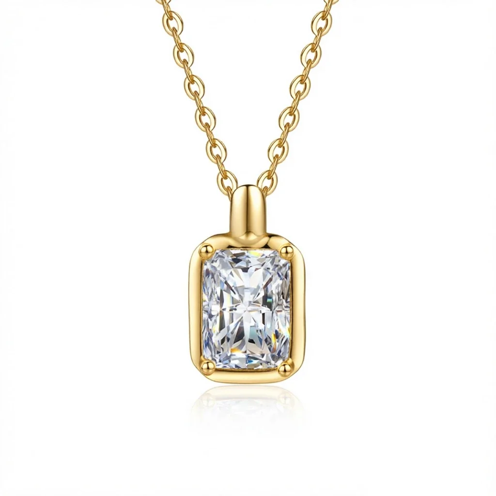 Refined Emerald-Cut 925 Sterling Silver Prong Pendant Necklace - Gold Moissanite ct 5 x 7 mm