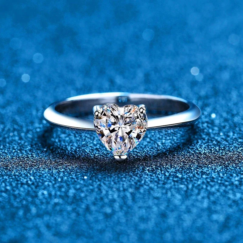 Delicate 925 sterling silver heart-cut prong-set Moissanite Ring