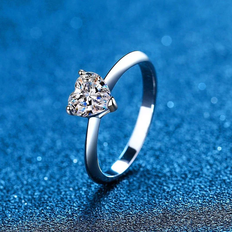 Delicate 925 sterling silver heart-cut prong-set Moissanite Ring