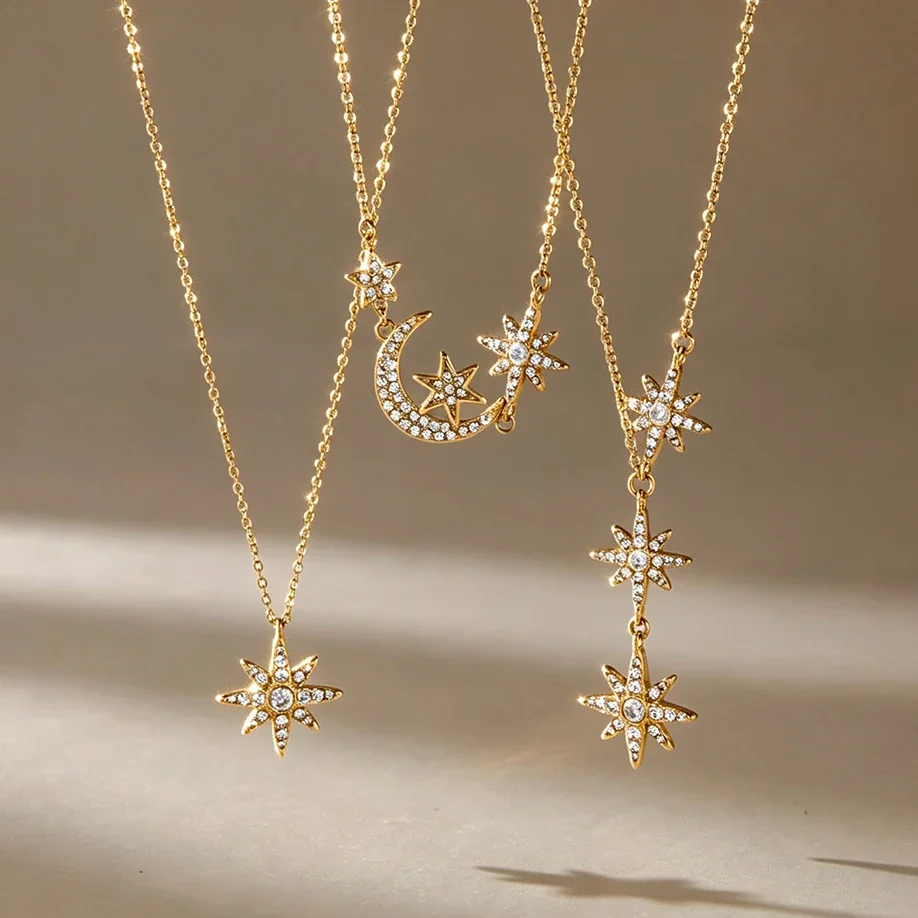 Celestial Stainless Steel Pave Star Drop Necklace