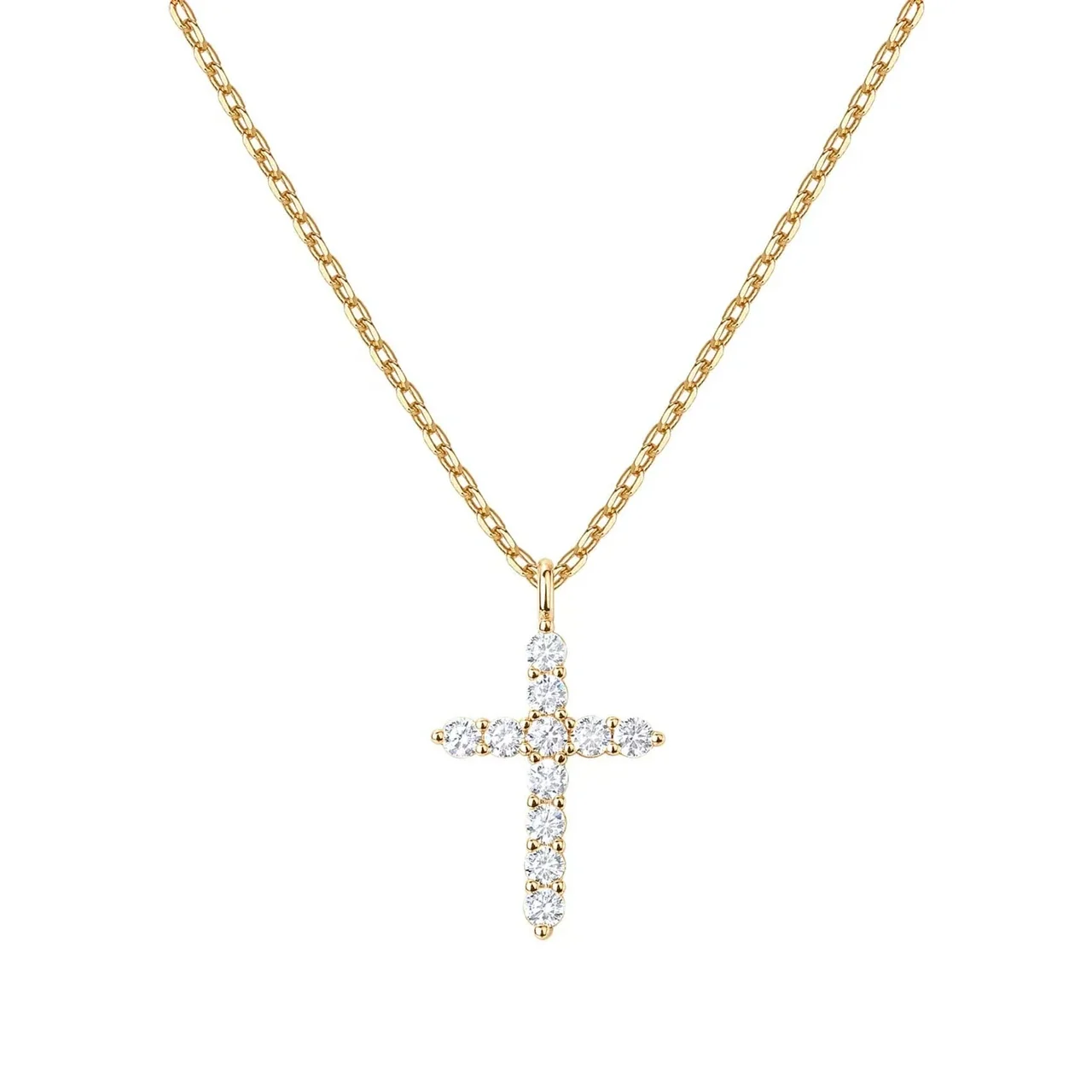 Delicate Gold-Tone Crystal Cross 925 Sterling Silver Necklace