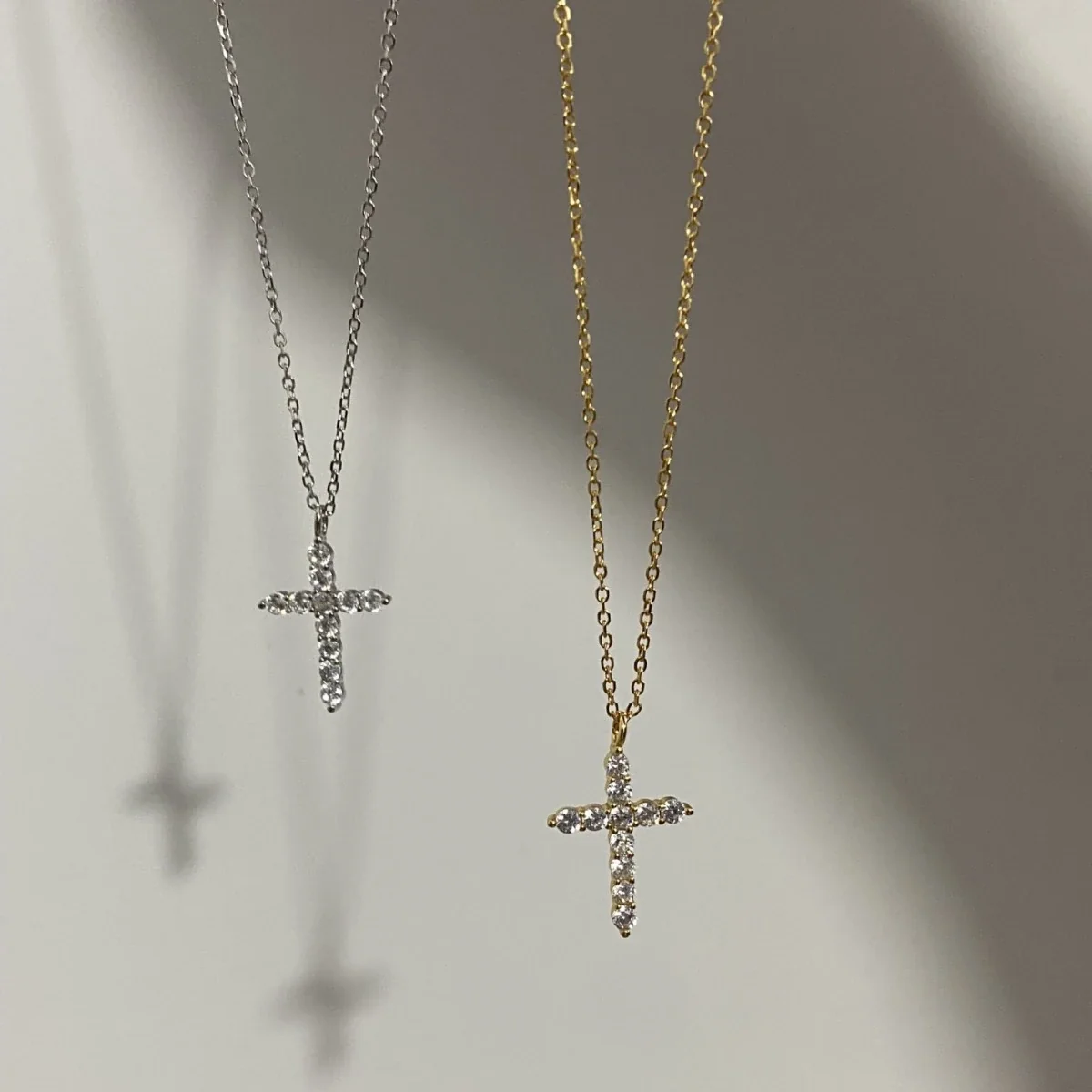 Delicate Gold-Tone Crystal Cross 925 Sterling Silver Necklace