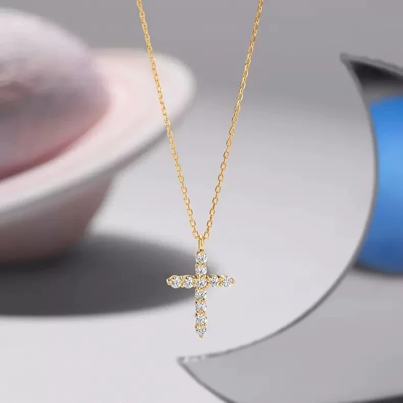 Delicate Gold-Tone Crystal Cross 925 Sterling Silver Necklace