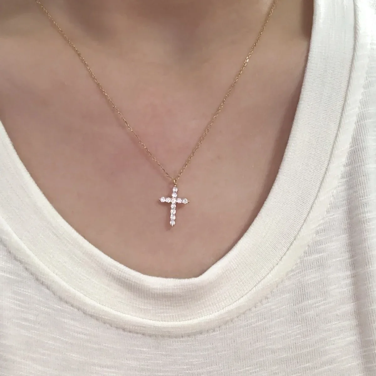 Delicate Gold-Tone Crystal Cross 925 Sterling Silver Necklace