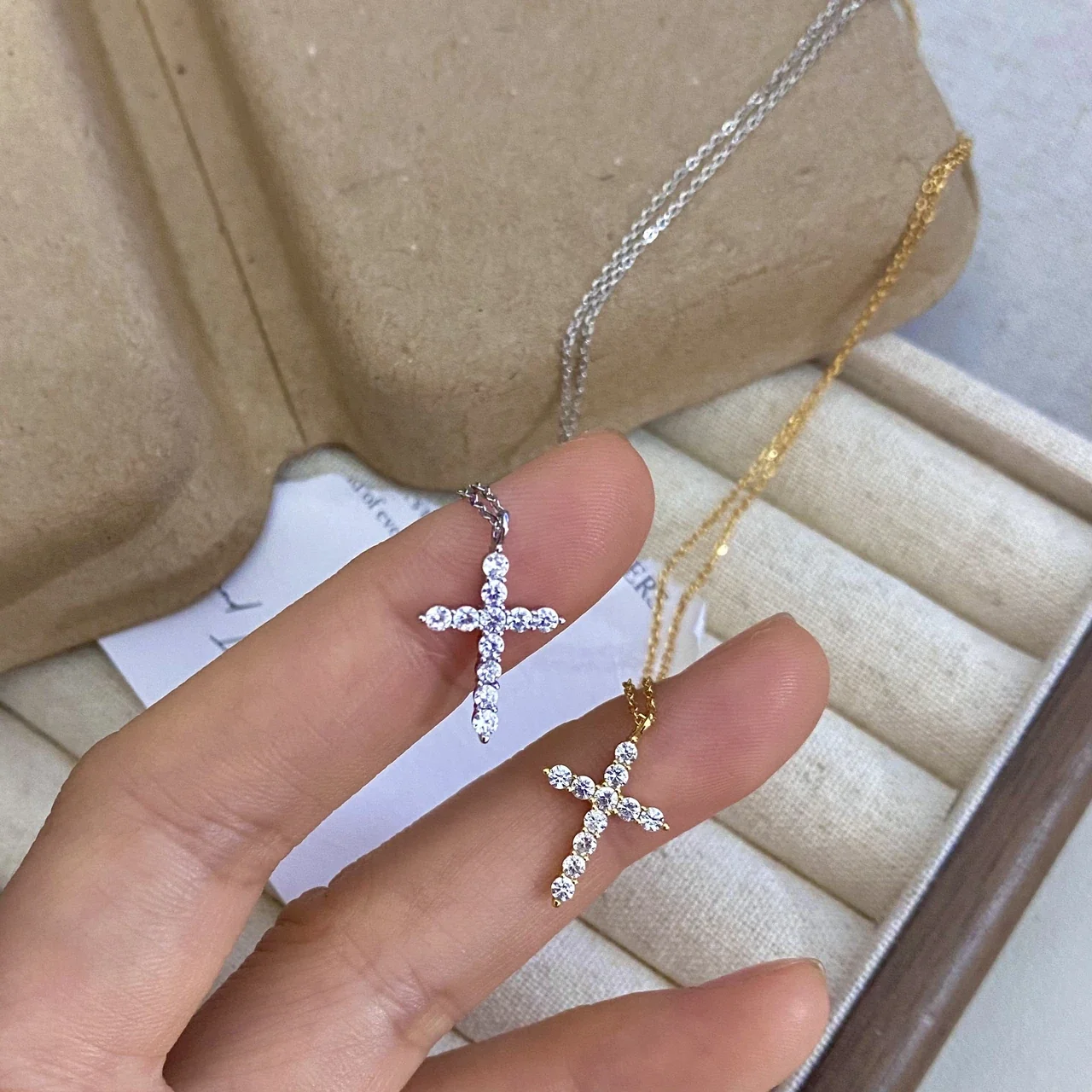 Delicate Gold-Tone Crystal Cross 925 Sterling Silver Necklace