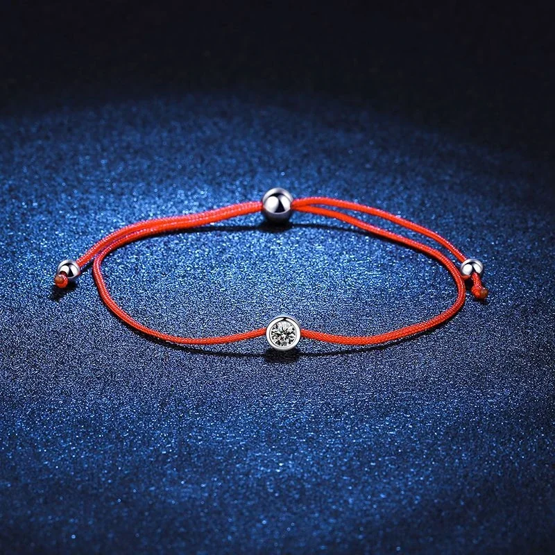 Lucky Red Cord Bezel Moissanite 925 Sterling Silver Bracelet