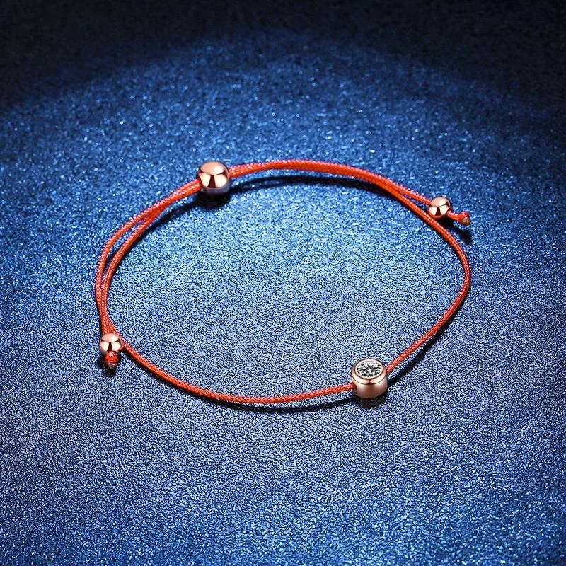 Lucky Red Cord Bezel Moissanite 925 Sterling Silver Bracelet - Rose Gold
