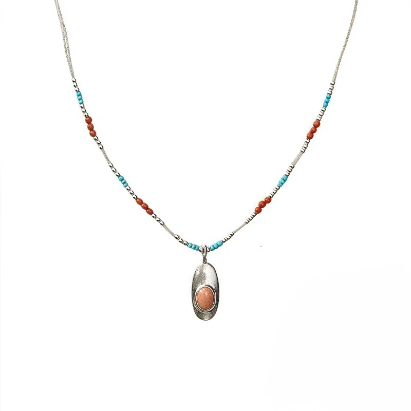 Artisan 925 sterling silver Beaded Oval Pendant Necklace