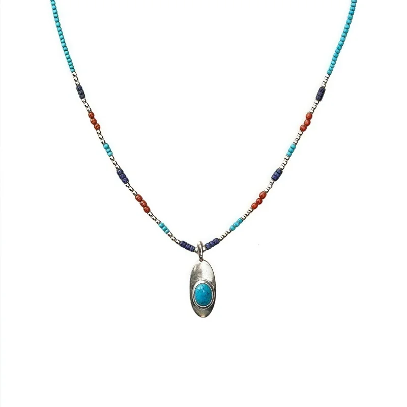 Artisan 925 sterling silver Beaded Oval Pendant Necklace