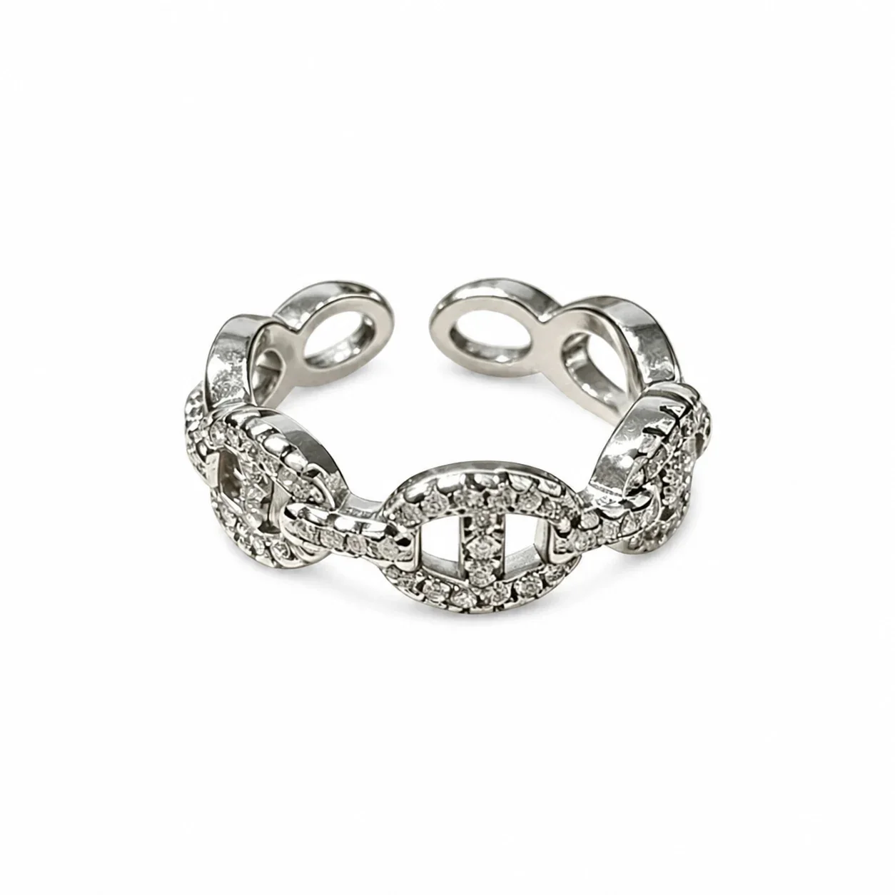 Ornate Silver-Plated Open Oval Pavé Copper Ring
