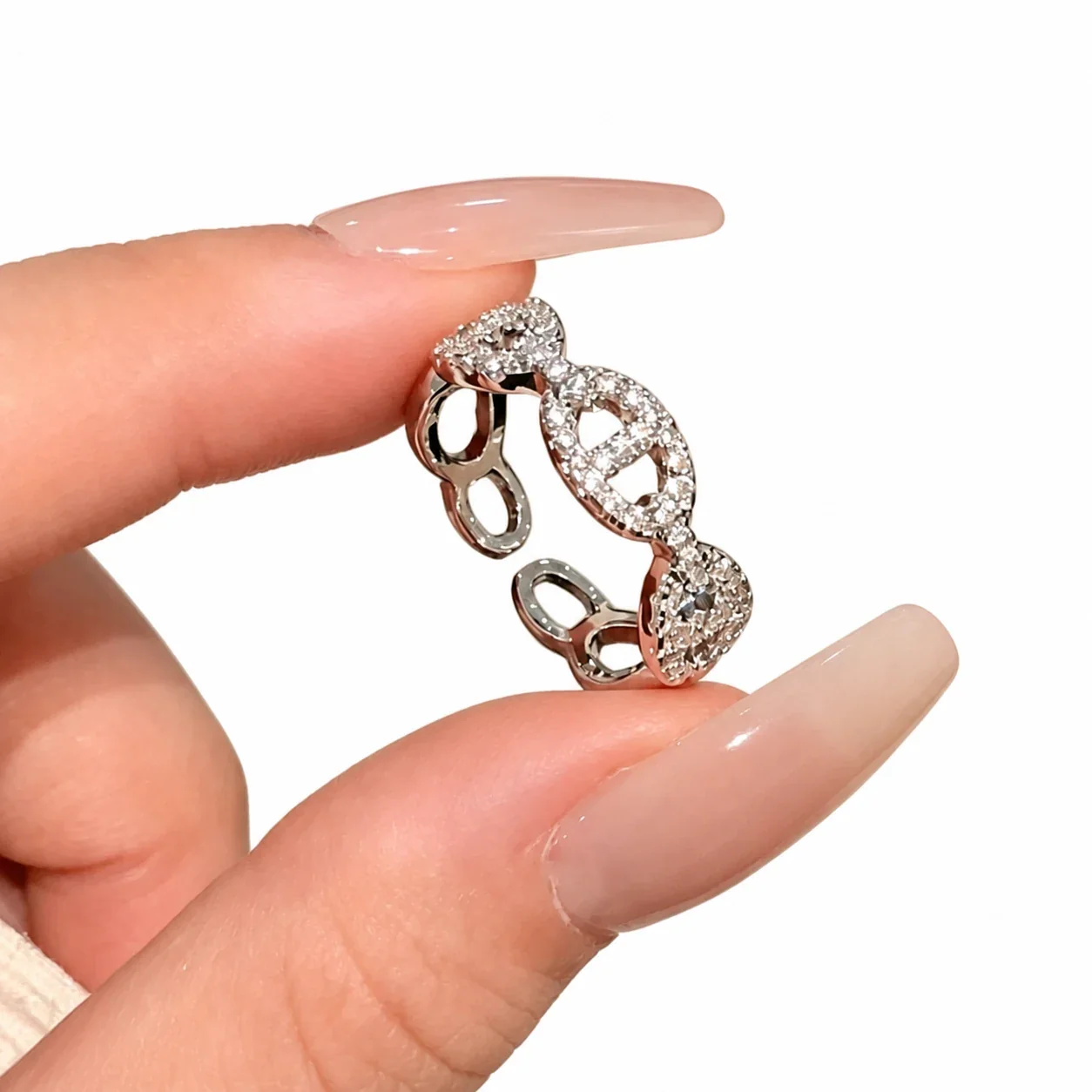 Ornate Silver-Plated Open Oval Pavé Copper Ring