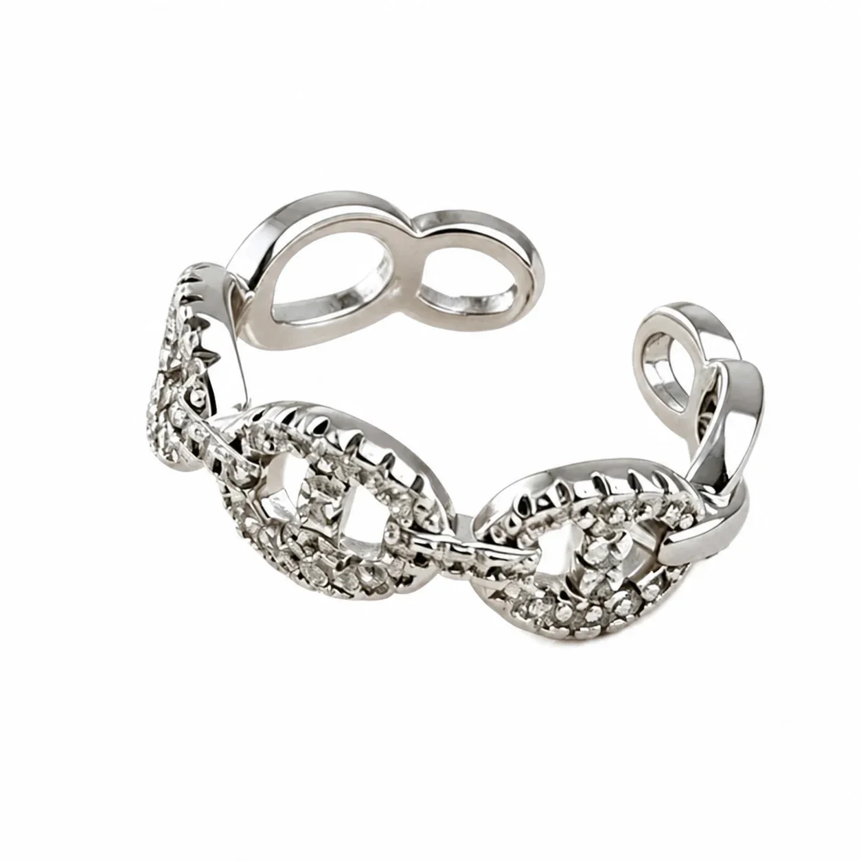 Ornate Silver-Plated Open Oval Pavé Copper Ring