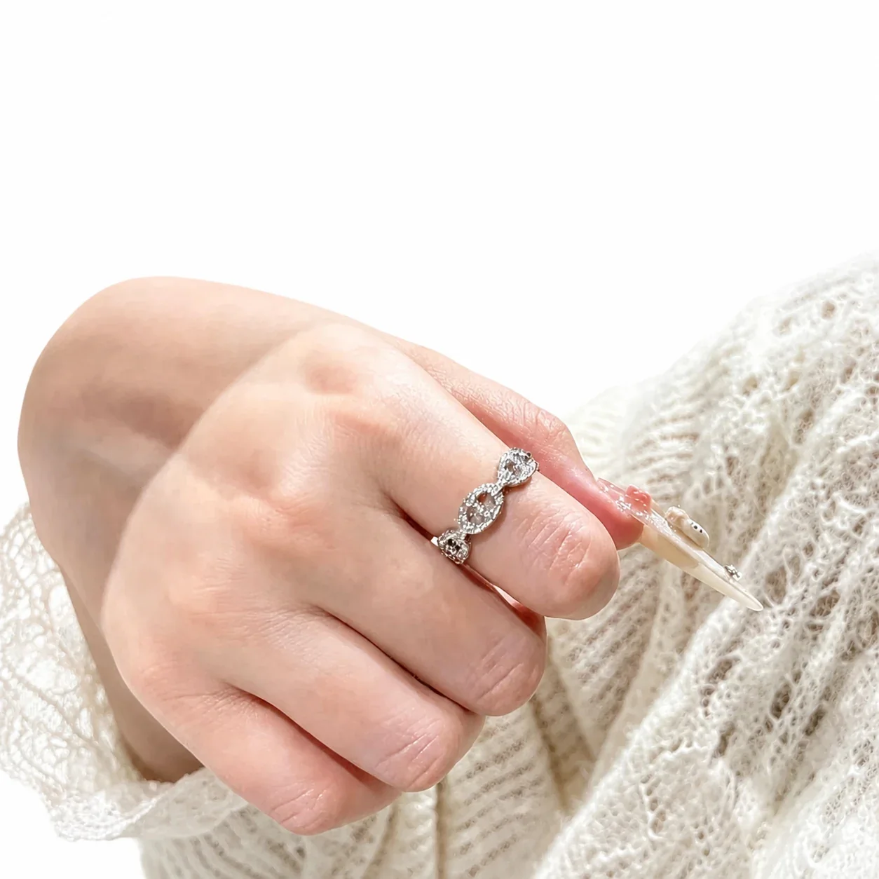 Ornate Silver-Plated Open Oval Pavé Copper Ring