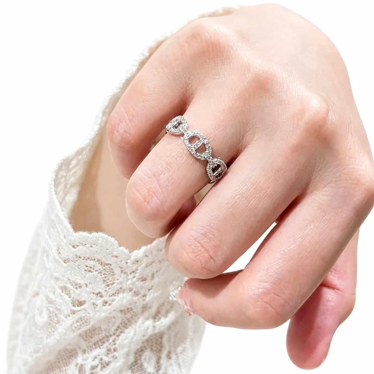 Ornate Silver-Plated Open Oval Pavé Copper Ring