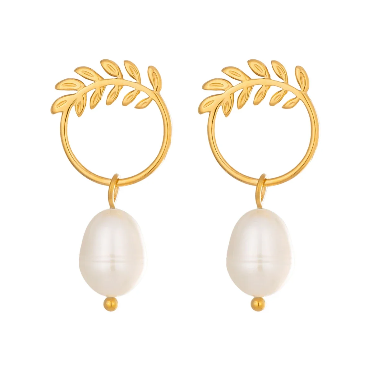 Botanical Stainless Steel Leaf Hoop Pearl Drop Earrings