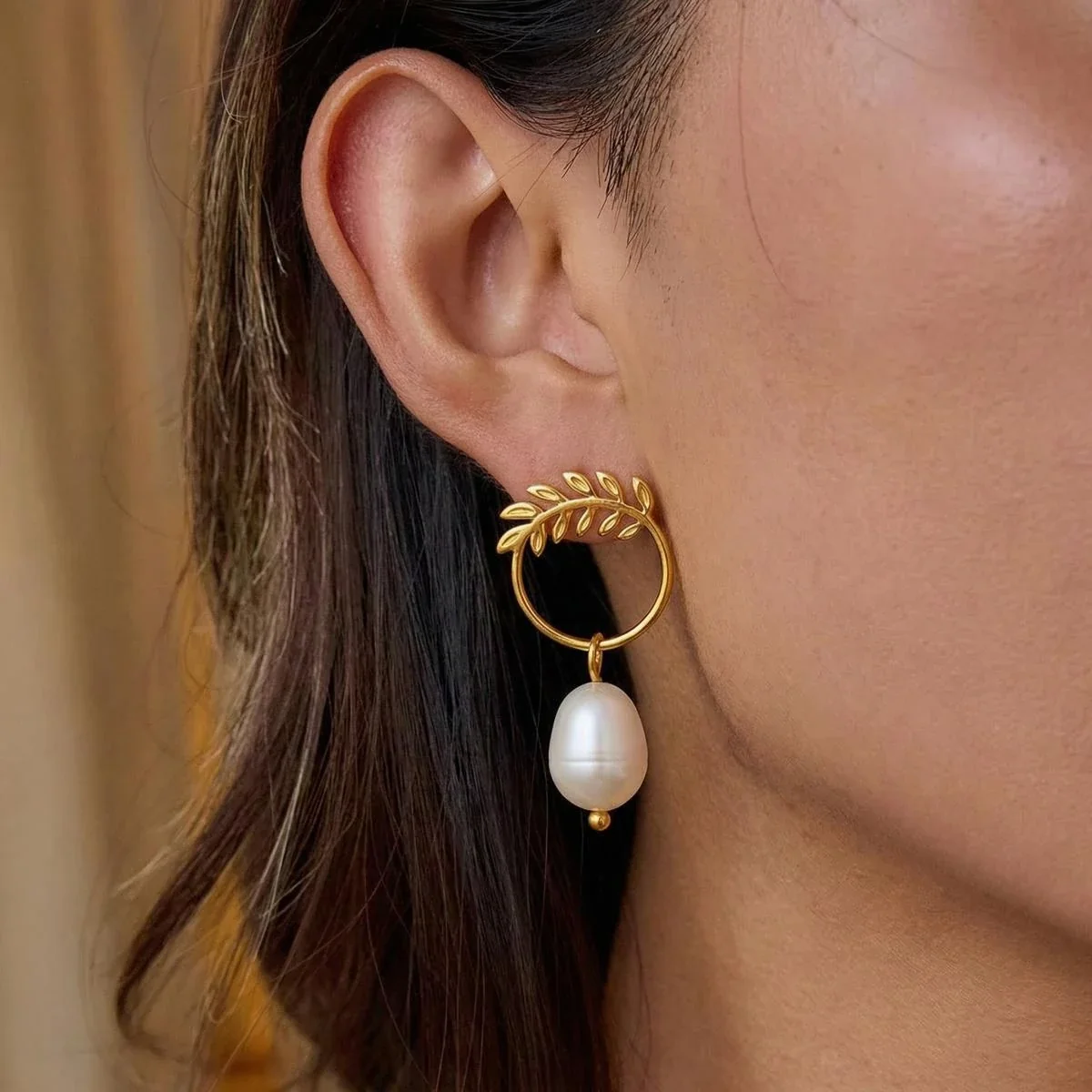 Botanical Stainless Steel Leaf Hoop Pearl Drop Earrings