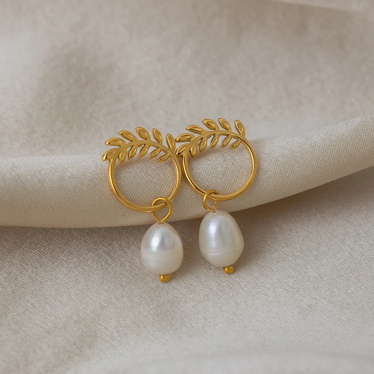 Botanical Stainless Steel Leaf Hoop Pearl Drop Earrings