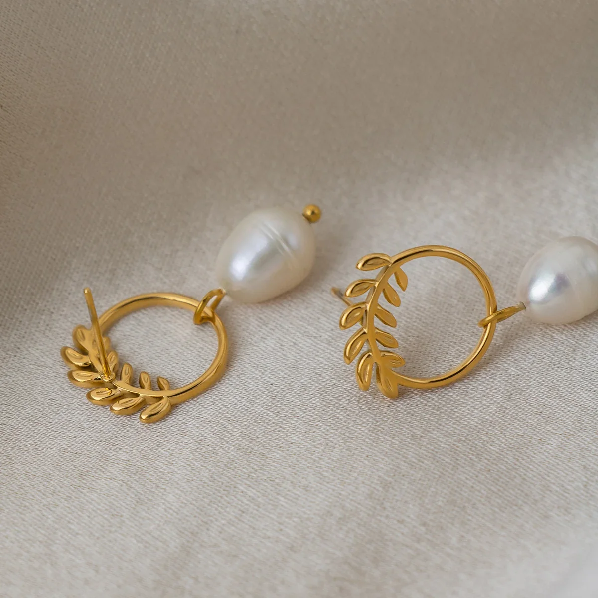 Botanical Stainless Steel Leaf Hoop Pearl Drop Earrings