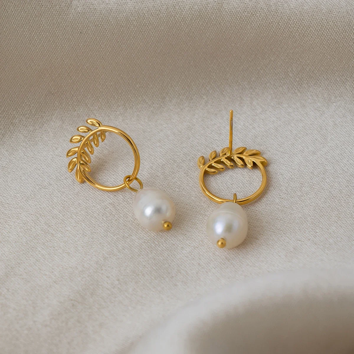 Botanical Stainless Steel Leaf Hoop Pearl Drop Earrings