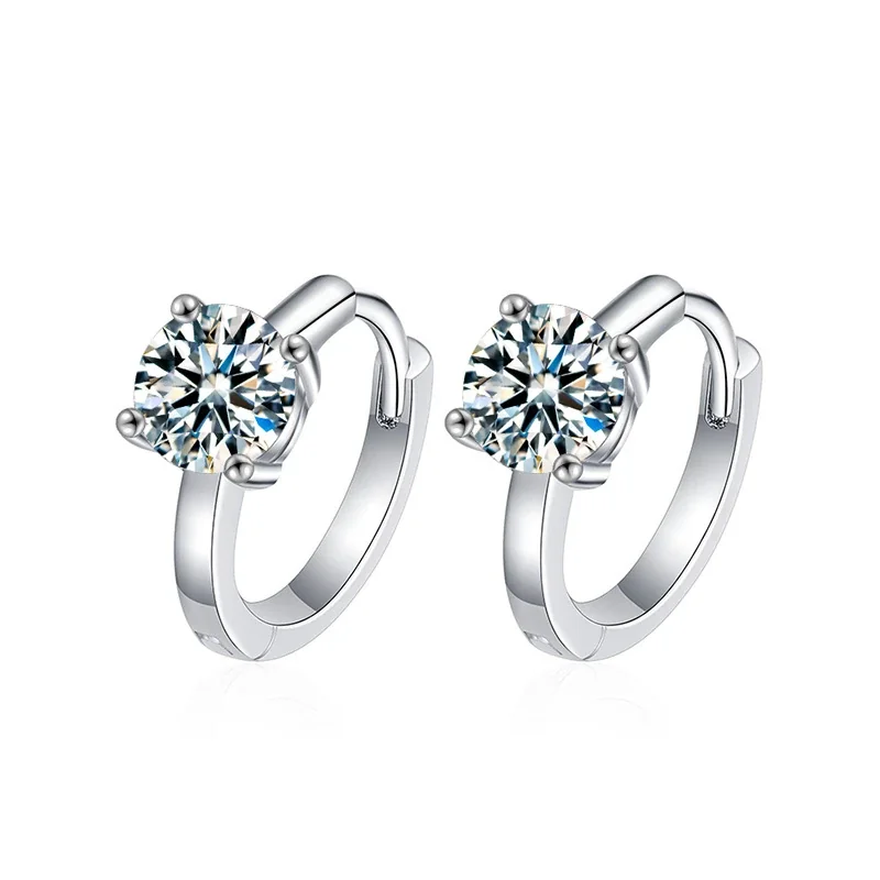 Radiant 925 Sterling Silver Four-Prong Round Moissanite Huggie Earrings