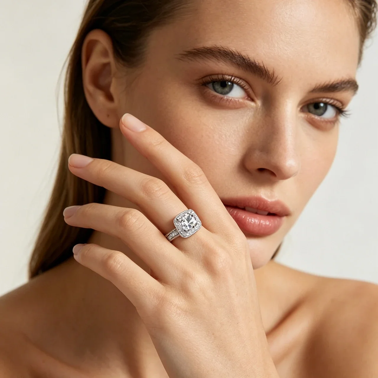 Ornate 925 Sterling Silver Cushion Halo Moissanite Ring