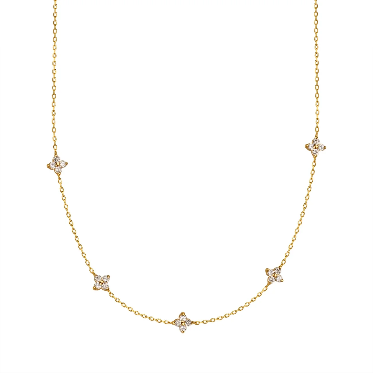 Dainty Five-Station Clover Clear-Stone 925 Sterling Silver Necklace