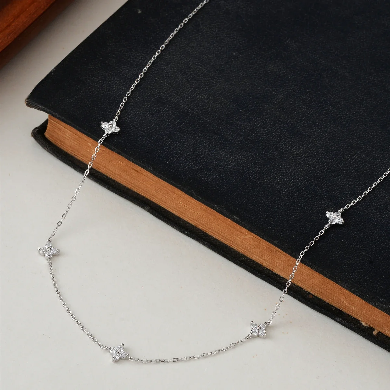 Dainty Five-Station Clover Clear-Stone 925 Sterling Silver Necklace