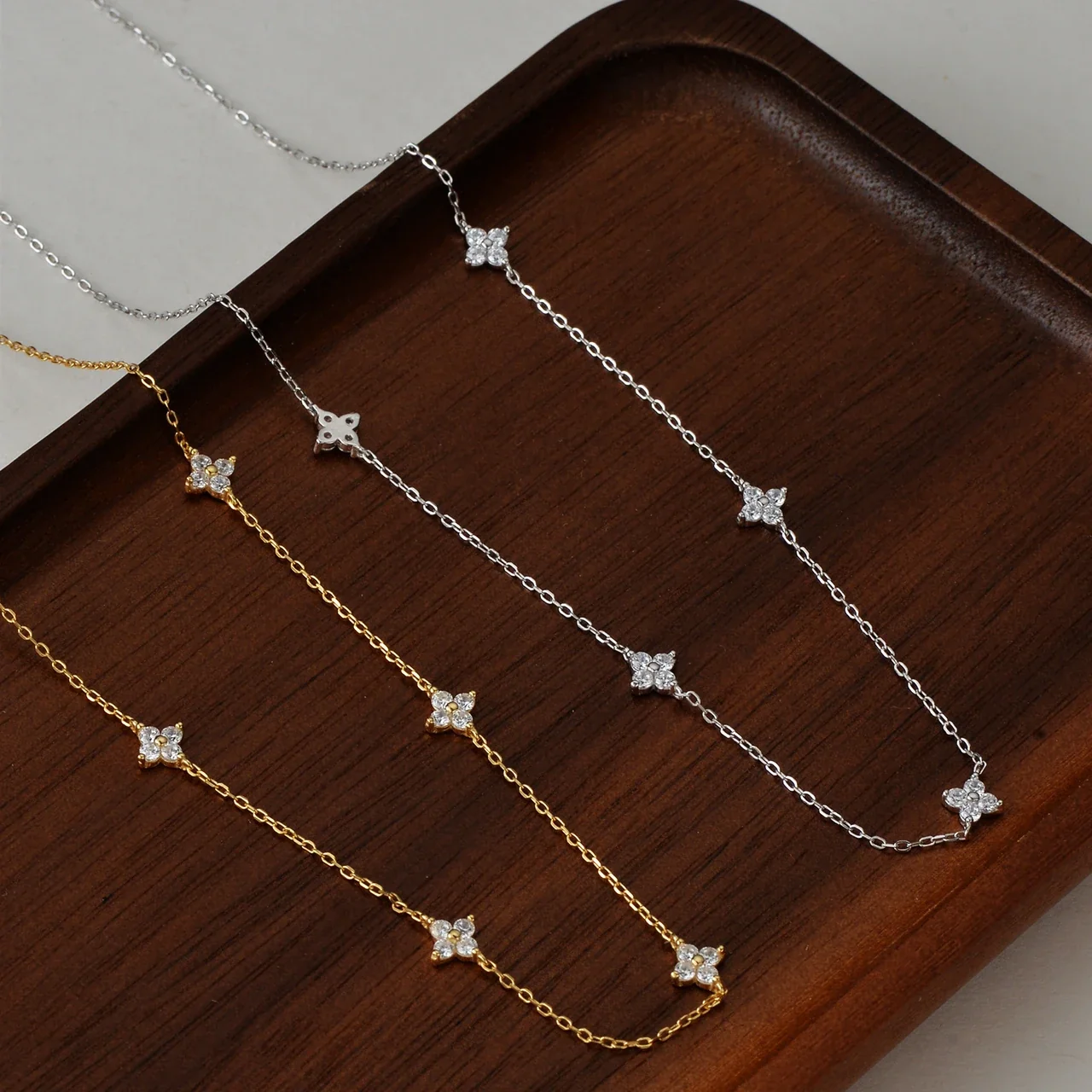Dainty Five-Station Clover Clear-Stone 925 Sterling Silver Necklace
