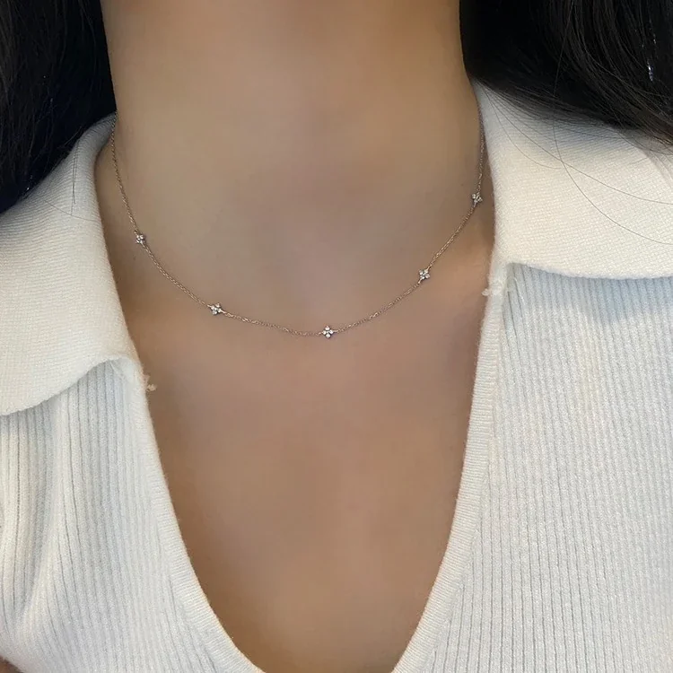 Dainty Five-Station Clover Clear-Stone 925 Sterling Silver Necklace