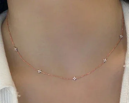 Dainty Five-Station Clover Clear-Stone 925 Sterling Silver Necklace - Rose Gold-tone