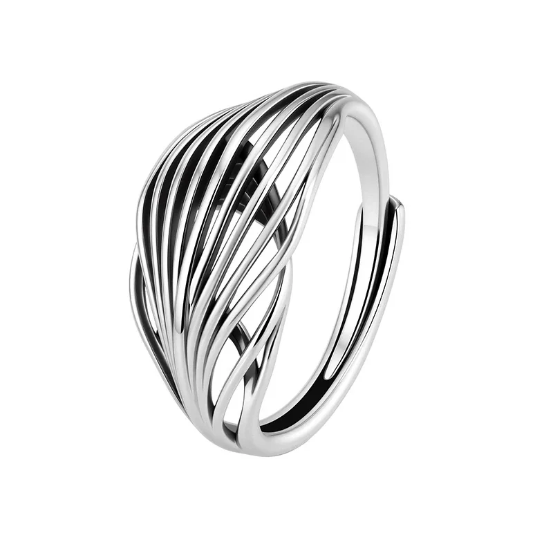 Sculptural Silver-Plated Ribbed Open-Front Copper Ring