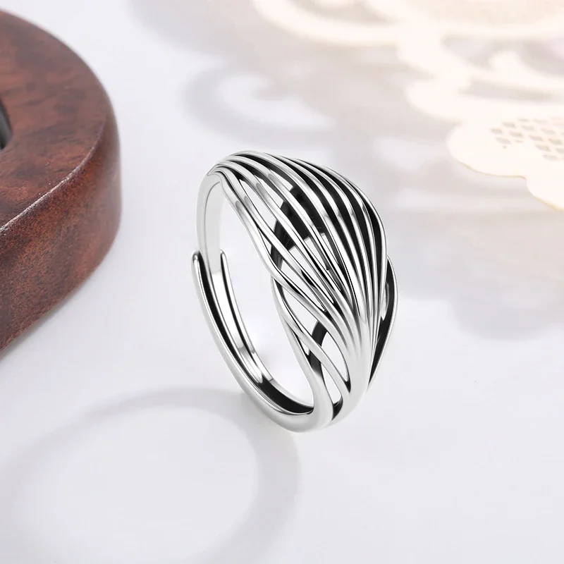 Sculptural Silver-Plated Ribbed Open-Front Copper Ring