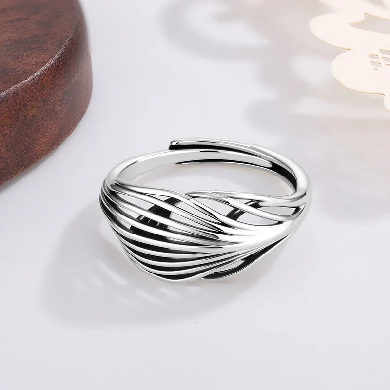 Sculptural Silver-Plated Ribbed Open-Front Copper Ring