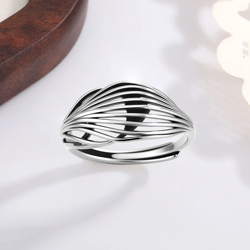 Sculptural Silver-Plated Ribbed Open-Front Copper Ring