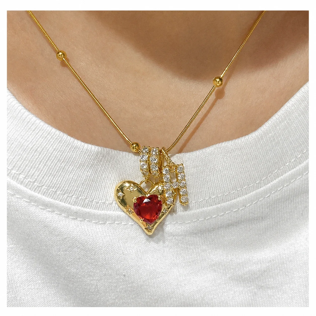 Romantic Gold-Plated Copper Red Heart Letter Pendant Necklace