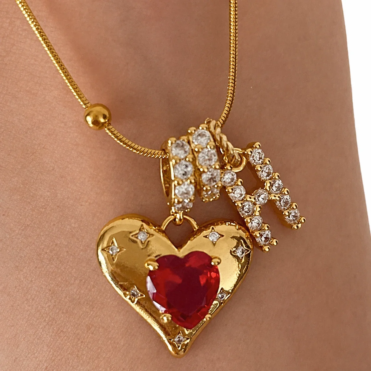 Romantic Gold-Plated Copper Red Heart Letter Pendant Necklace