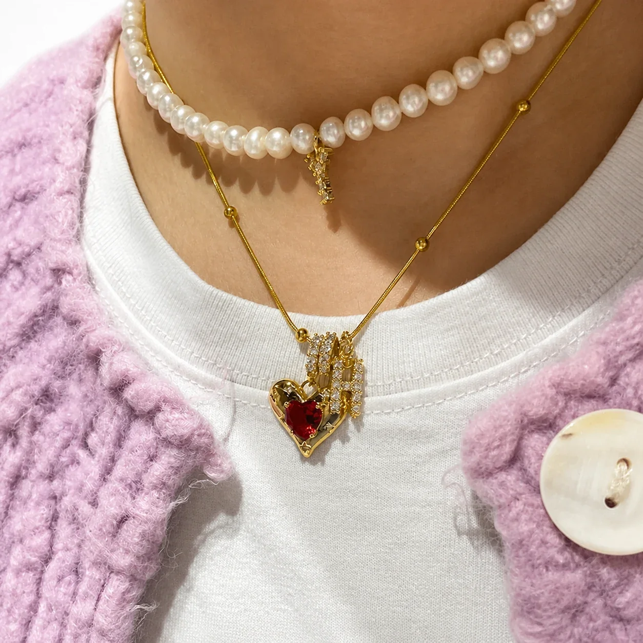 Romantic Gold-Plated Copper Red Heart Letter Pendant Necklace