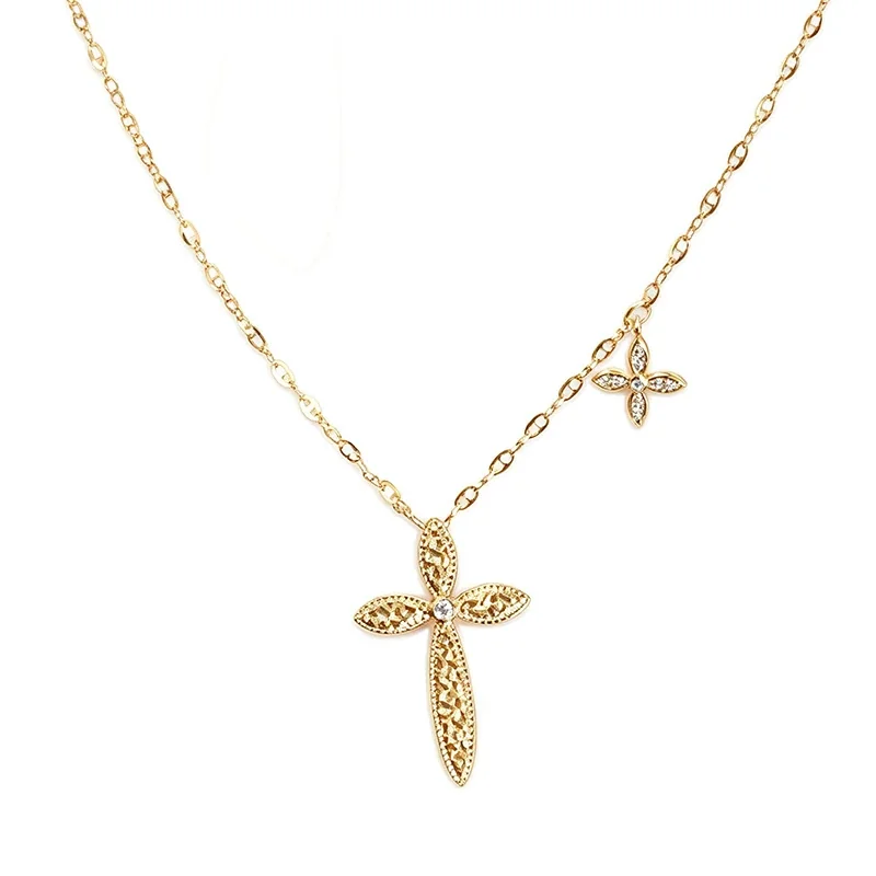 Ornate Gold-Tone Filigree Cross With Stone Accent Necklace