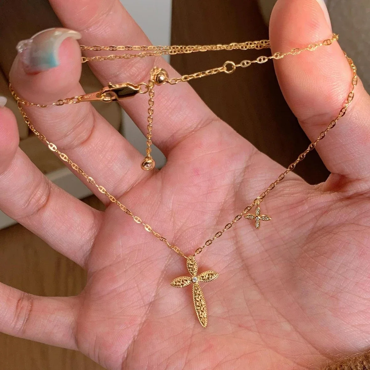 Ornate Gold-Tone Filigree Cross With Crystal Accent Necklace