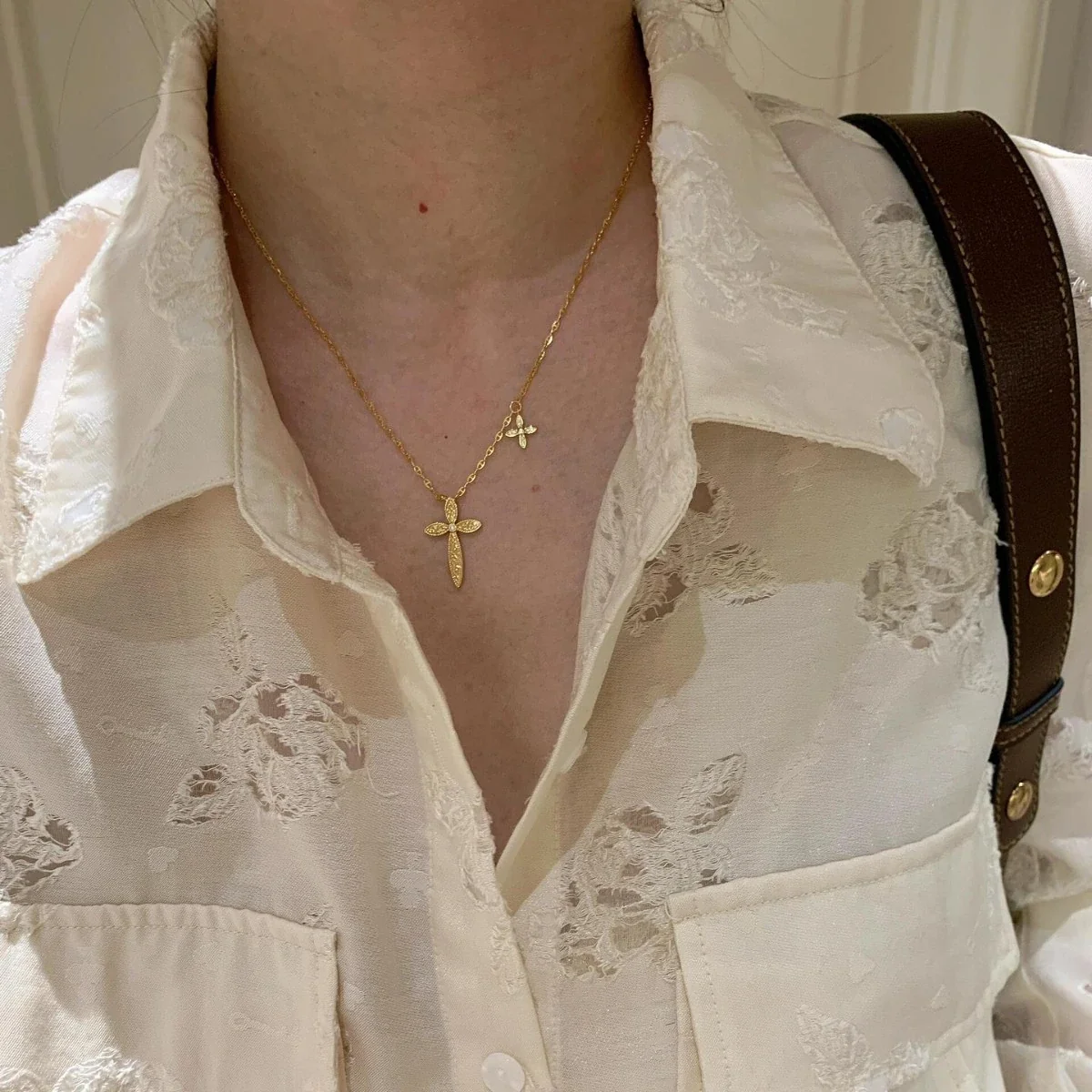 Ornate Gold-Tone Filigree Cross With Crystal Accent Necklace