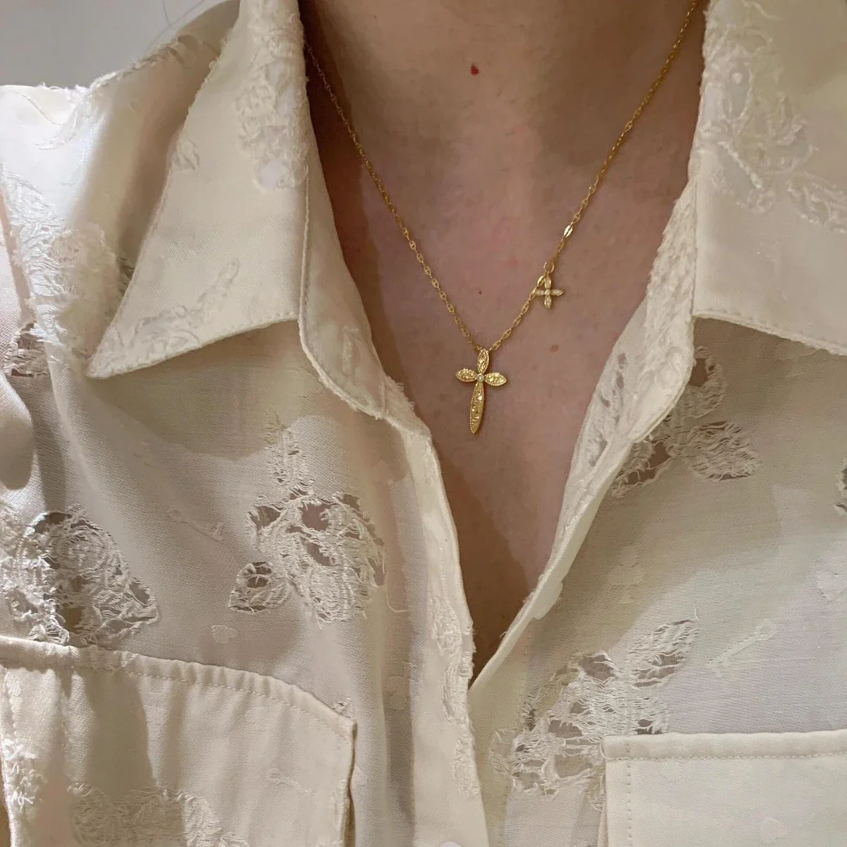 Ornate Gold-Tone Filigree Cross With Crystal Accent Necklace