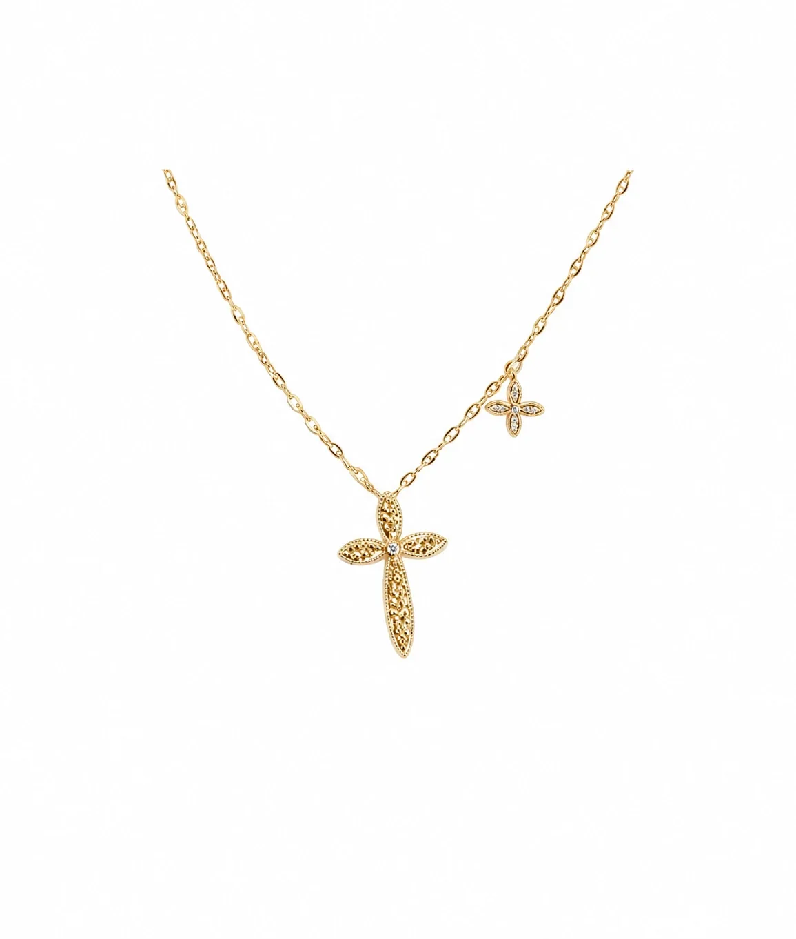 Ornate Gold-Tone Filigree Cross With Crystal Accent Necklace - Gold with PE Box