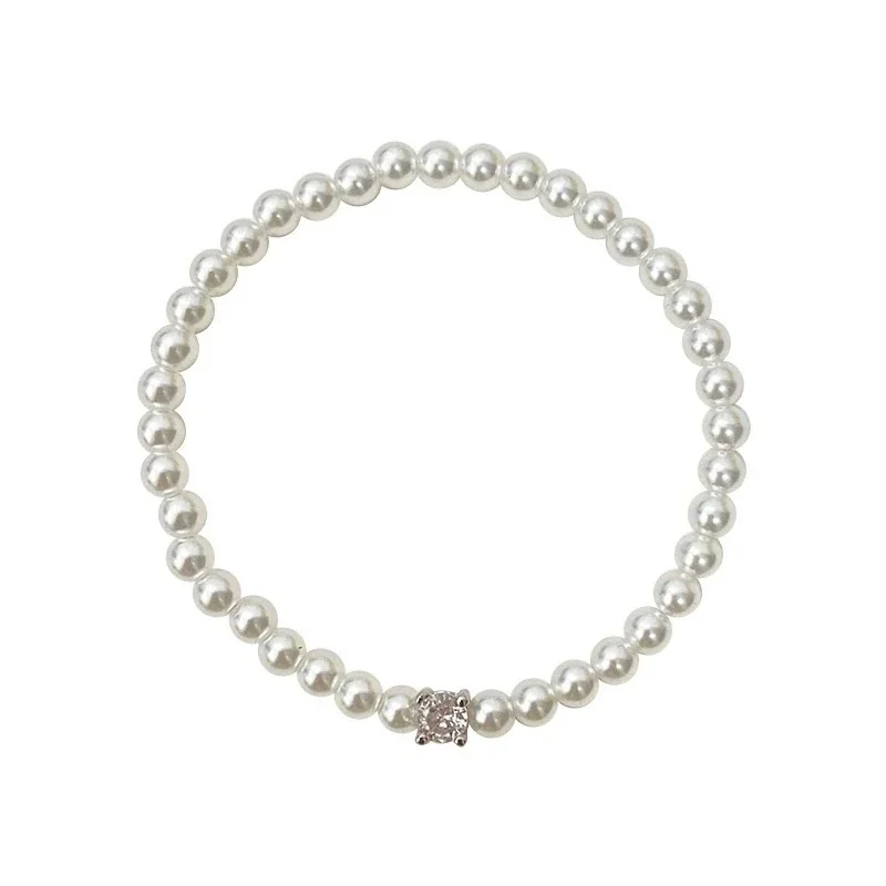 Refined Square Crystal Accent Pearl Bead Bracelet
