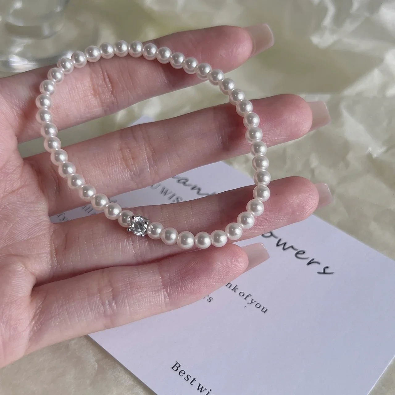Refined Square Crystal Accent Pearl Bead Bracelet