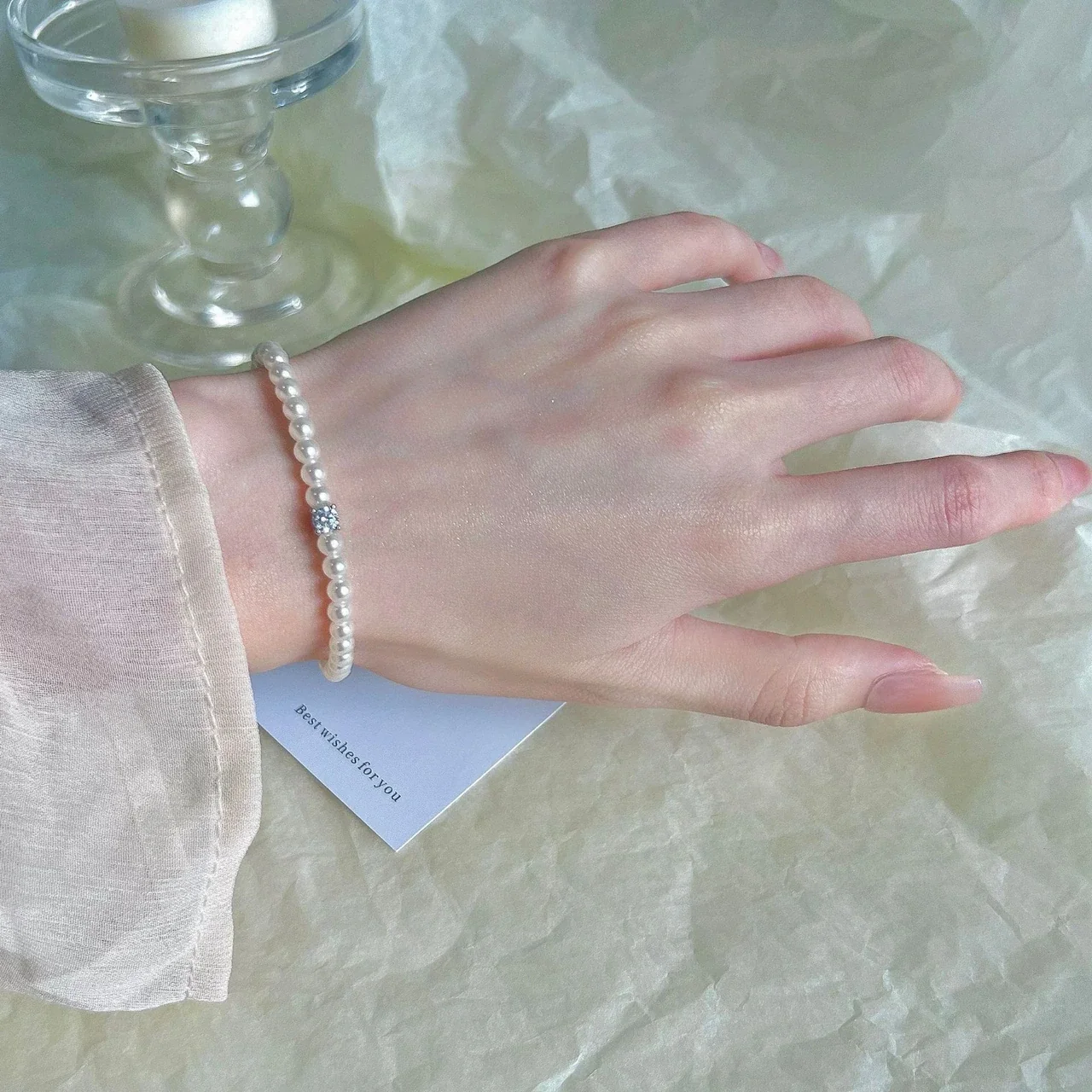 Refined Square Crystal Accent Pearl Bead Bracelet