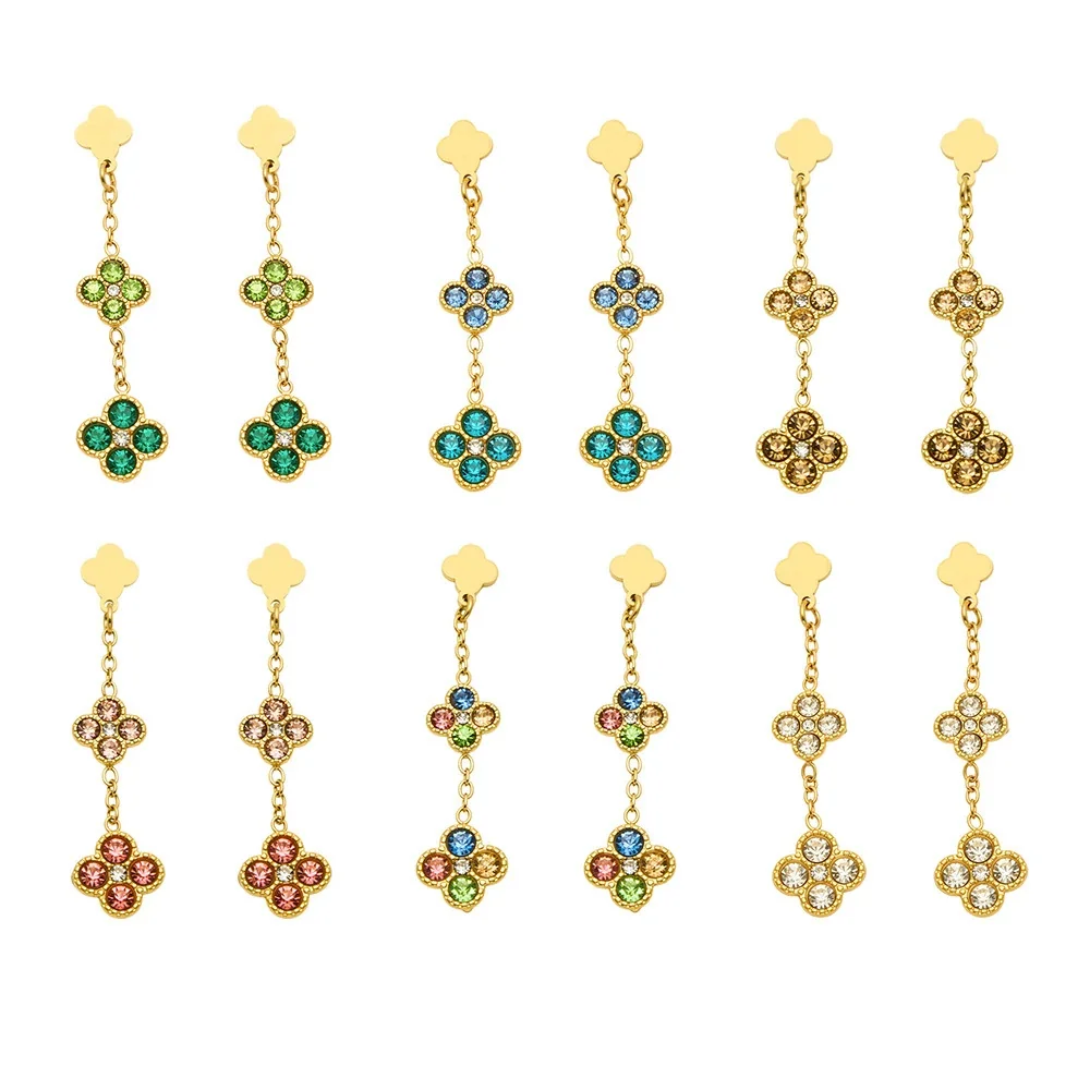 Clover Chain Drop Stainless Steel CZ Earrings