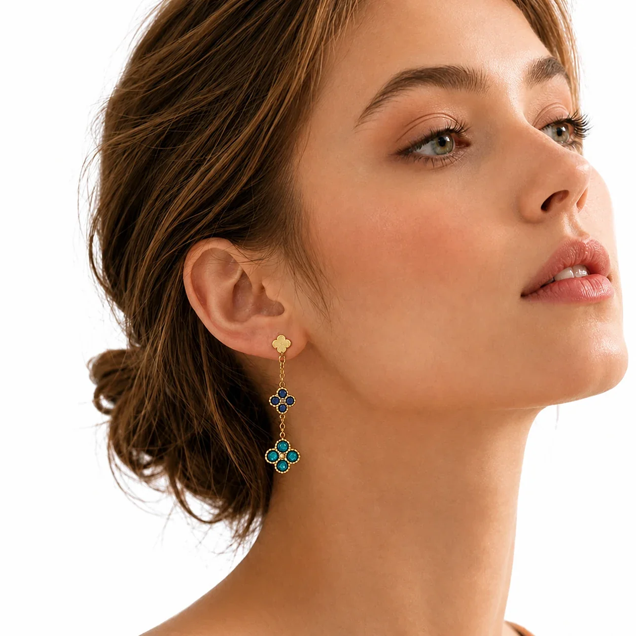 Clover Chain Drop Stainless Steel CZ Earrings